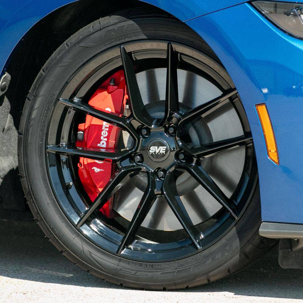 S650 Mustang Gloss Black SVE DHP1 Wheels On 2024 Atlas Blue Mustang GT sve-mustang-dhp1-wheel-nitto-tire-kit-19x10-11-black-24-25_e78250c8